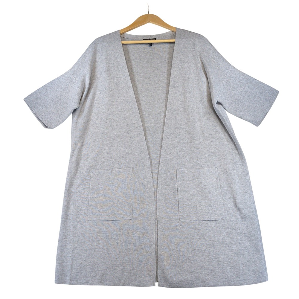 Eileen Fisher Organic Cotton Silk Blend Short Sleeve Open Cardigan Grey M/L